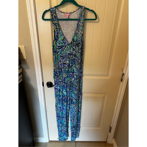 Lilly Pulitzer Paulina Blue V-Neck Sneak a Beak Drawstring Jumpsuit Size XS - Picture 2 of 10